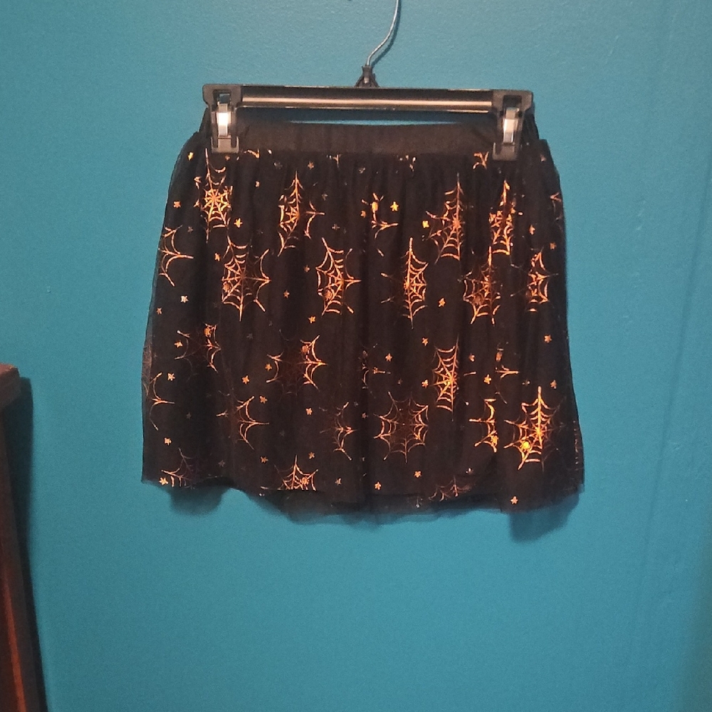 wonder nation Black Mesh Skirt with Orange Spiderwebs